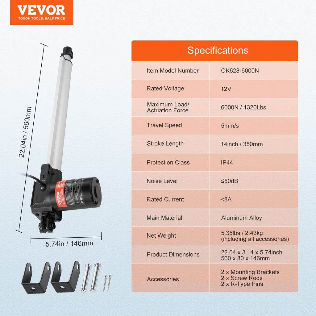 Linear Actuator 12V, 14 Inch Heavy Duty 1320lbs/6000N Linear Actuator, 0.19"/s Linear Motion Actuator with Mounting Bracket & IP44 Protection for Electric Door Industrial Machinery Vessels Cargo