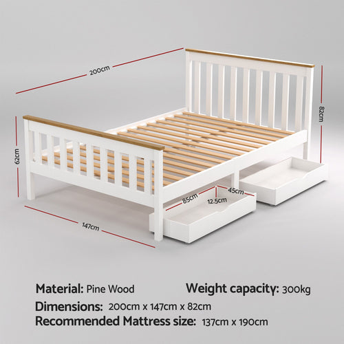 Artiss Bed Frame Double Size Wooden Platform with 2 Storage Drawers White PONY