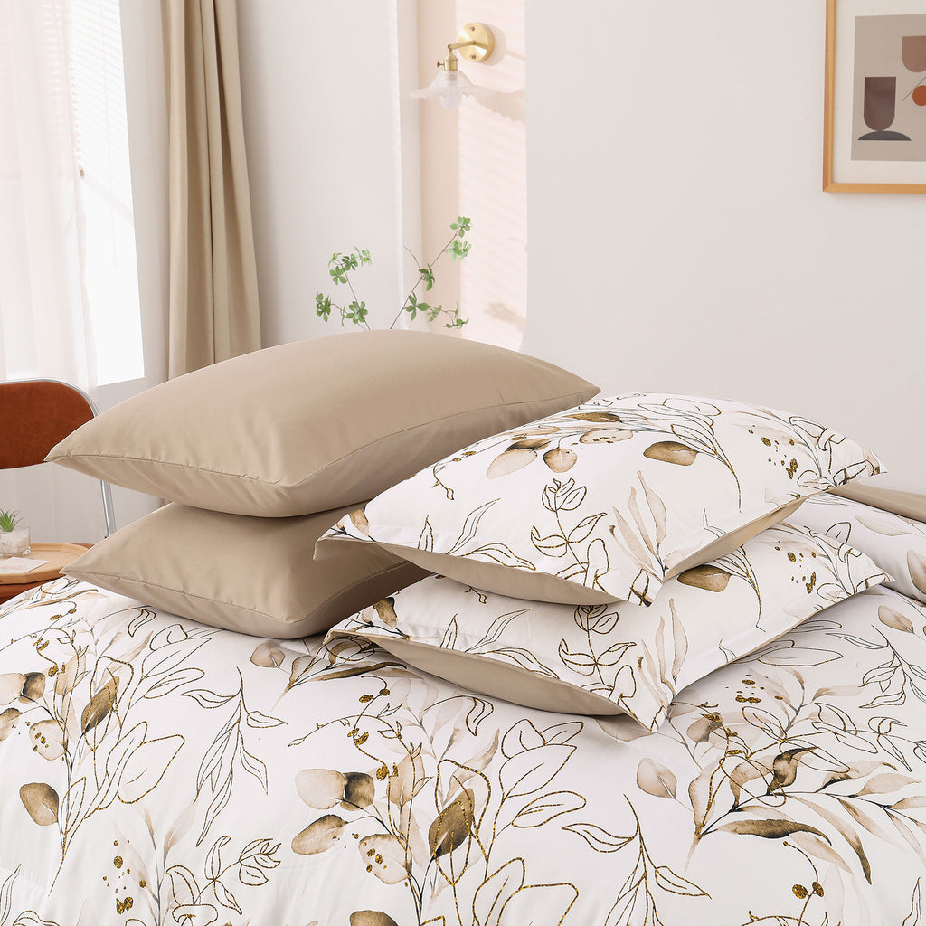 Soft Floral Leaf Comforter Set, Plush Quilted Bedding with Pillowcases