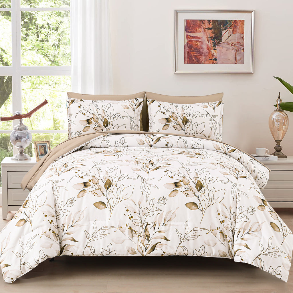 Soft Floral Leaf Comforter Set, Plush Quilted Bedding with Pillowcases