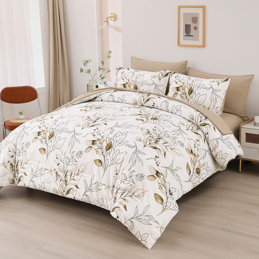Soft Floral Leaf Comforter Set, Plush Quilted Bedding with Pillowcases
