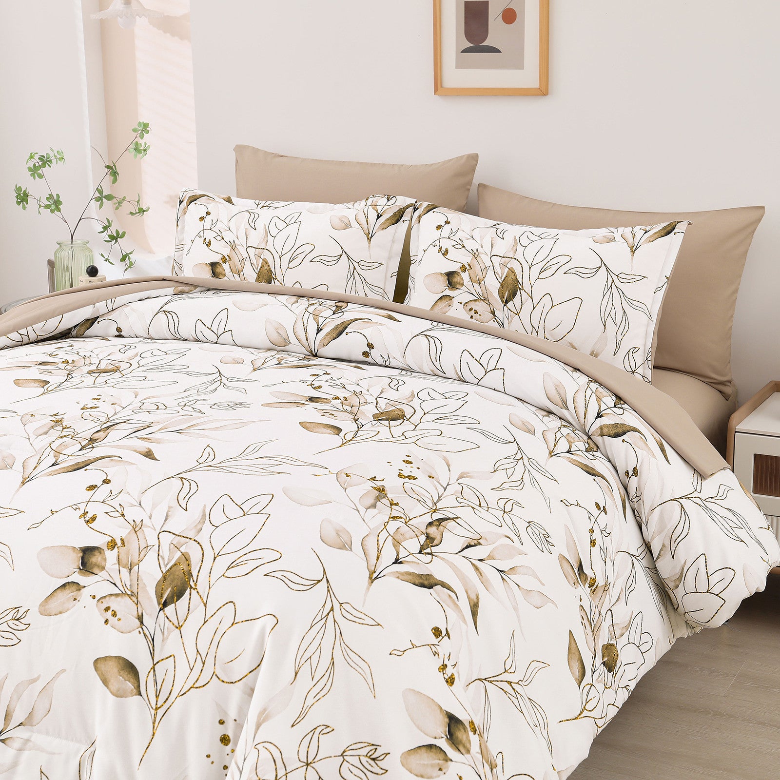 Soft Floral Leaf Comforter Set, Plush Quilted Bedding with Pillowcases