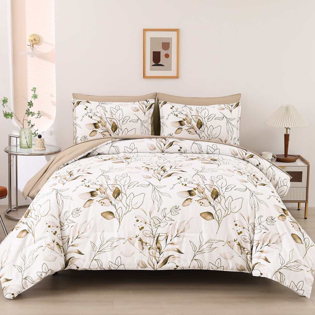 Soft Floral Leaf Comforter Set, Plush Quilted Bedding with Pillowcases
