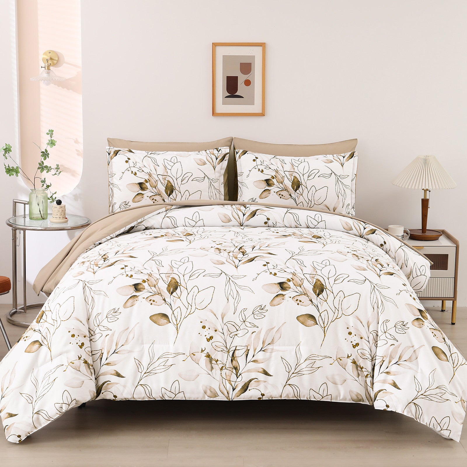 Soft Floral Leaf Comforter Set, Plush Quilted Bedding with Pillowcases