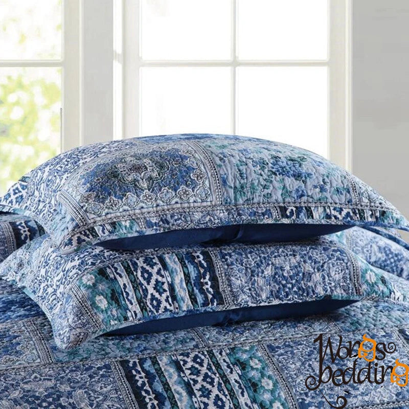 Boho Blue Quilted Coverlet & Pillow Set: Vibrant, Cozy Elegance -