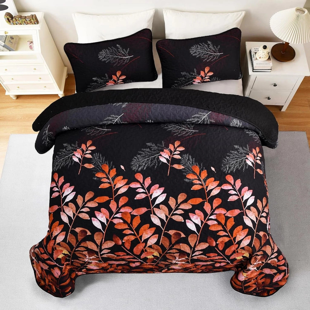 Black and Red Leaves Quilted Bedspread & Pillowcase Set