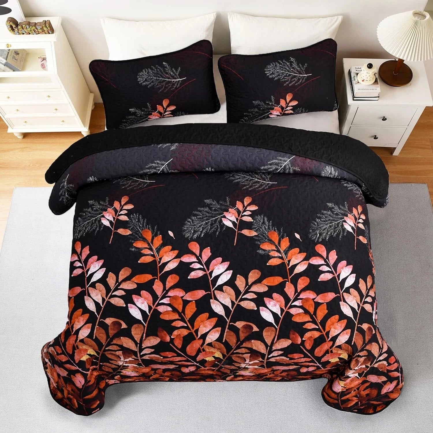 Black and Red Leaves Quilted Bedspread & Pillowcase Set
