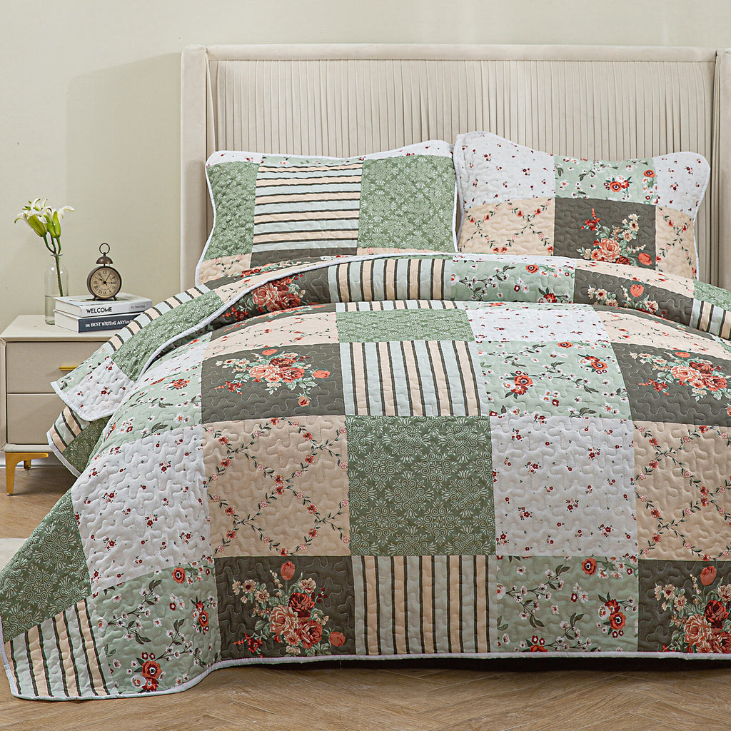 Warm Cozy patchwork greem 3 Pc Bedspread & Pillow Cover Set
