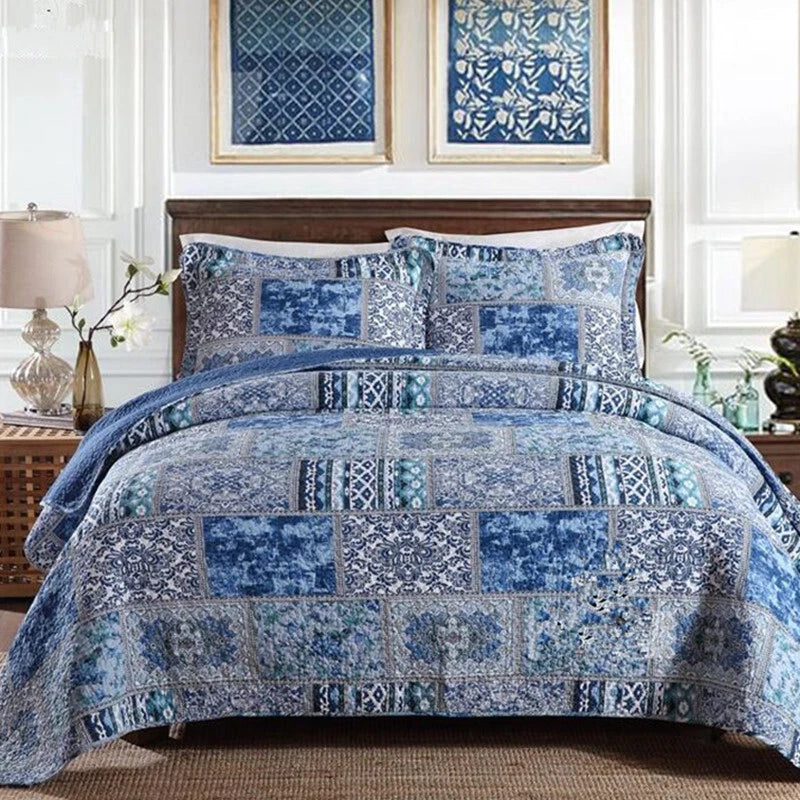 Boho Blue Quilted Coverlet & Pillow Set: Vibrant, Cozy Elegance -
