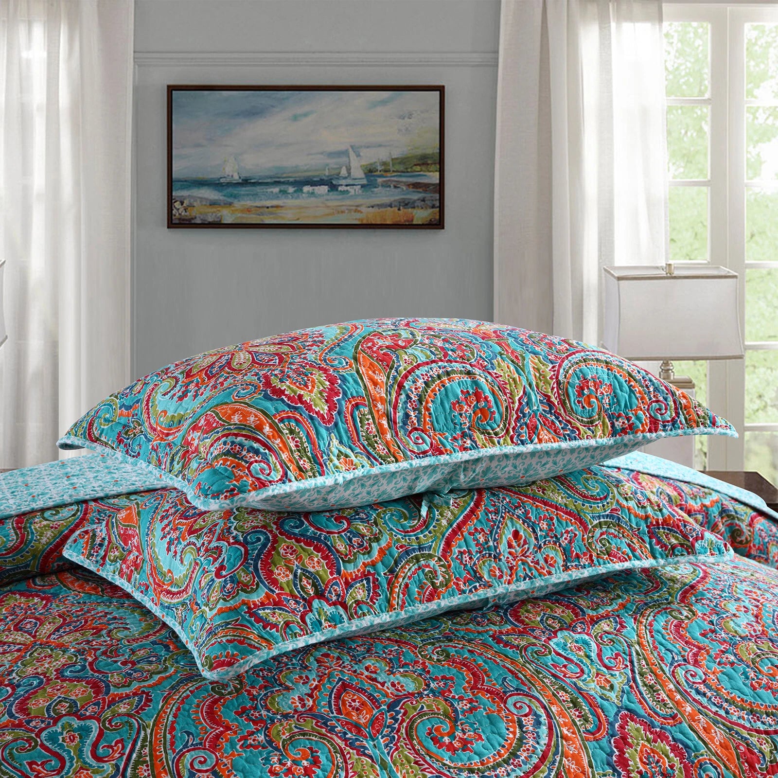 Blue Teal Boho Print Bedspread Quilt Set + Pillowcases