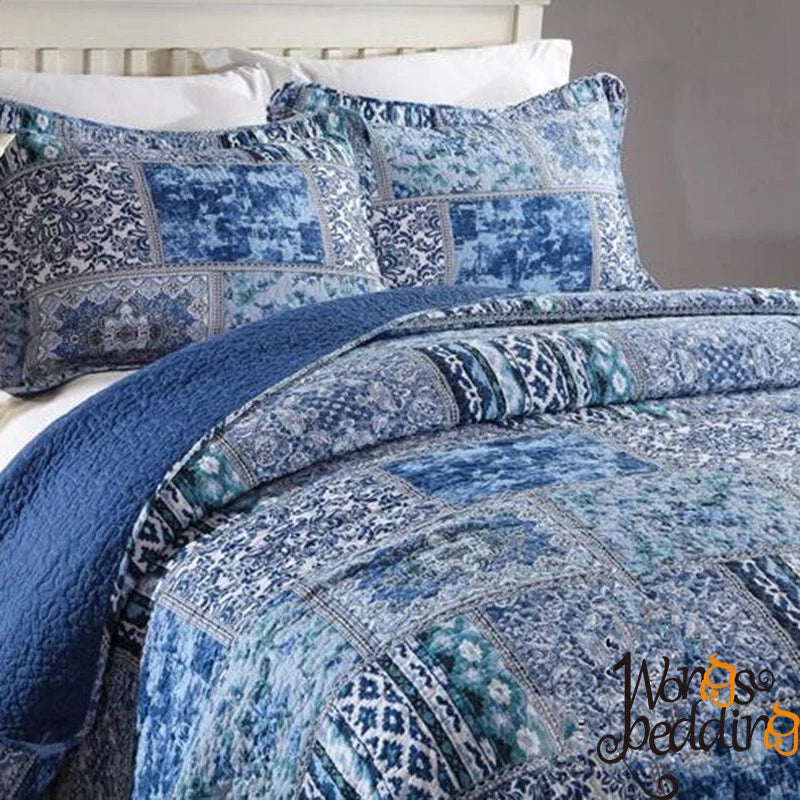Boho Blue Quilted Coverlet & Pillow Set: Vibrant, Cozy Elegance -