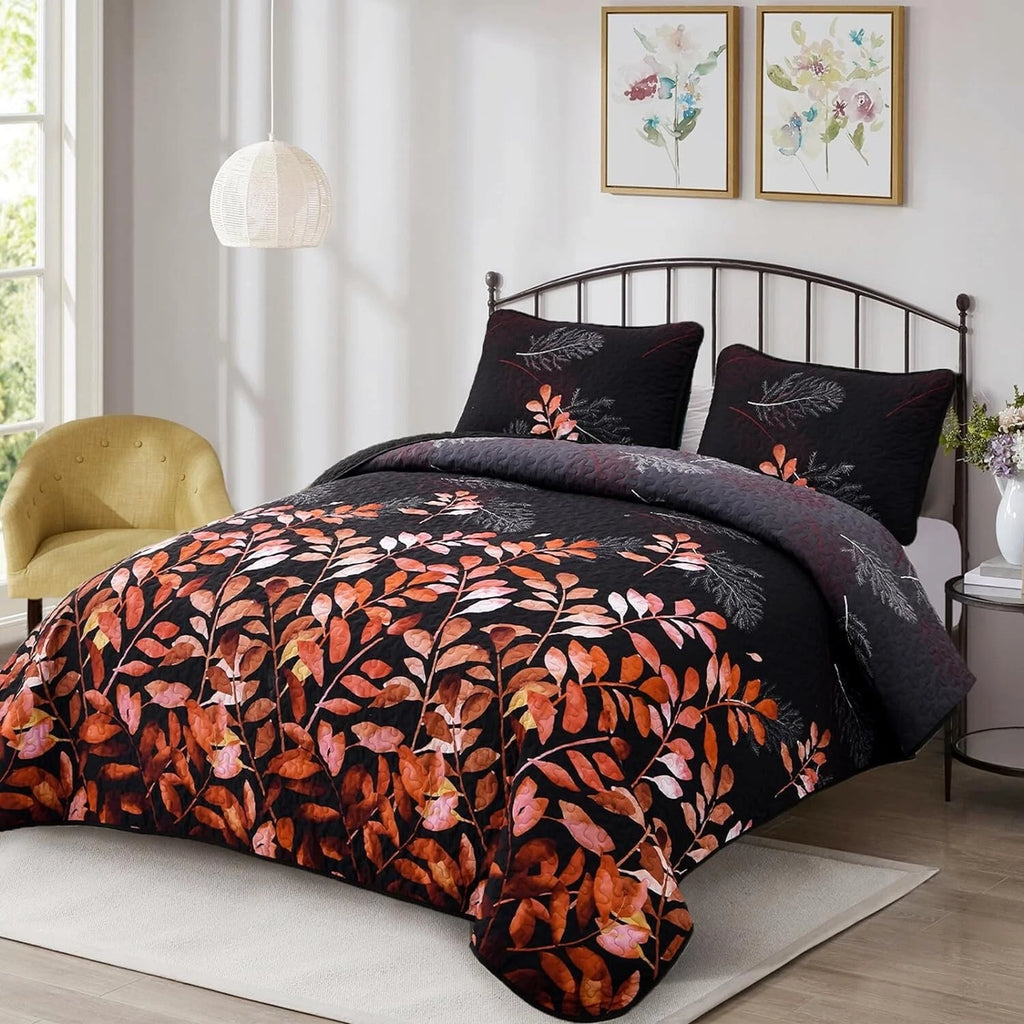 Black and Red Leaves Quilted Bedspread & Pillowcase Set