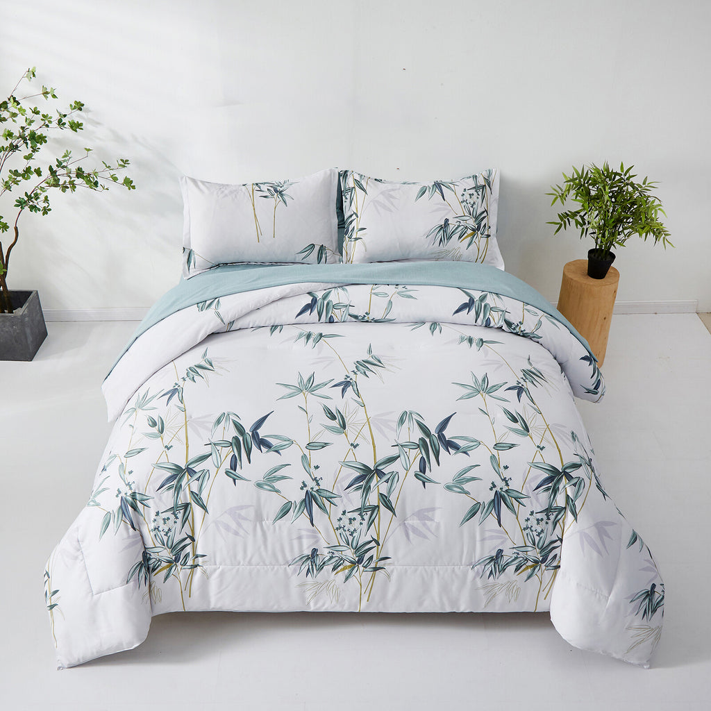 Floral Leaves Comforter Set, Quilted Bedding with Pillowcases