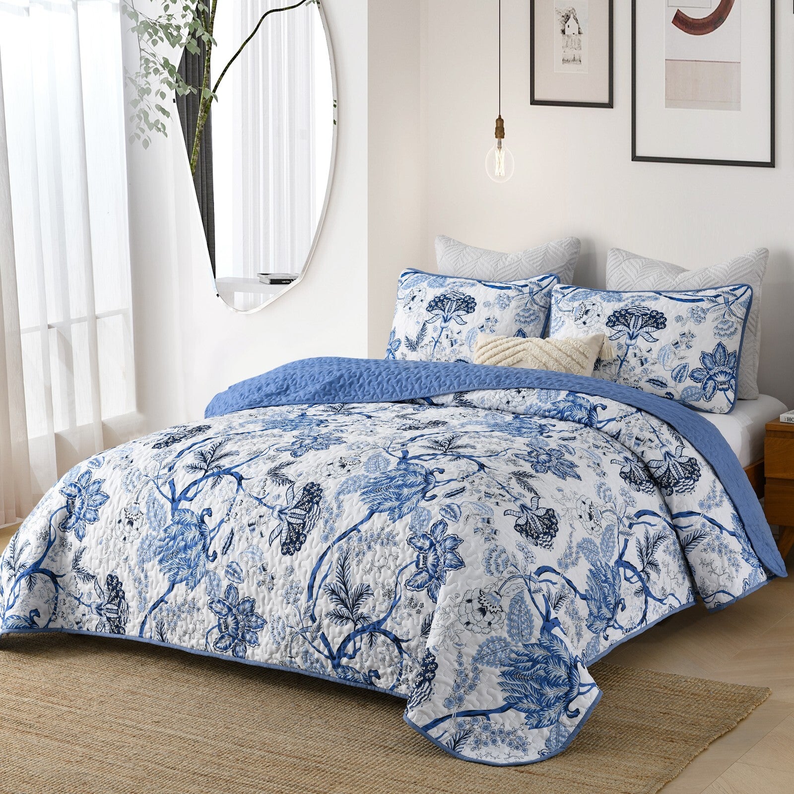 Blossoming Peony Garden blue white 3 Pc Bedspread & Pillow Cover Set