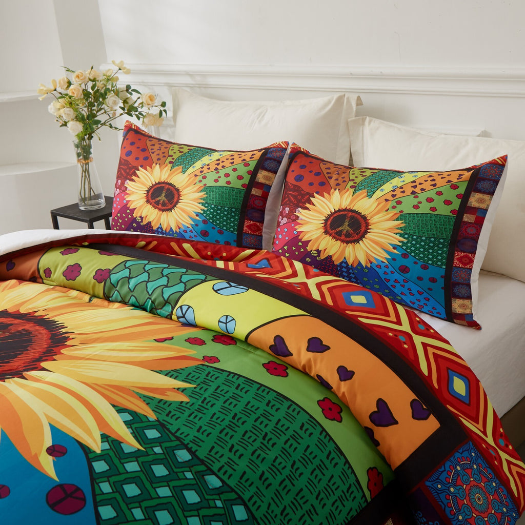 Floral Sunflower Comforter Set, Quilted Bedding with Pillowcases