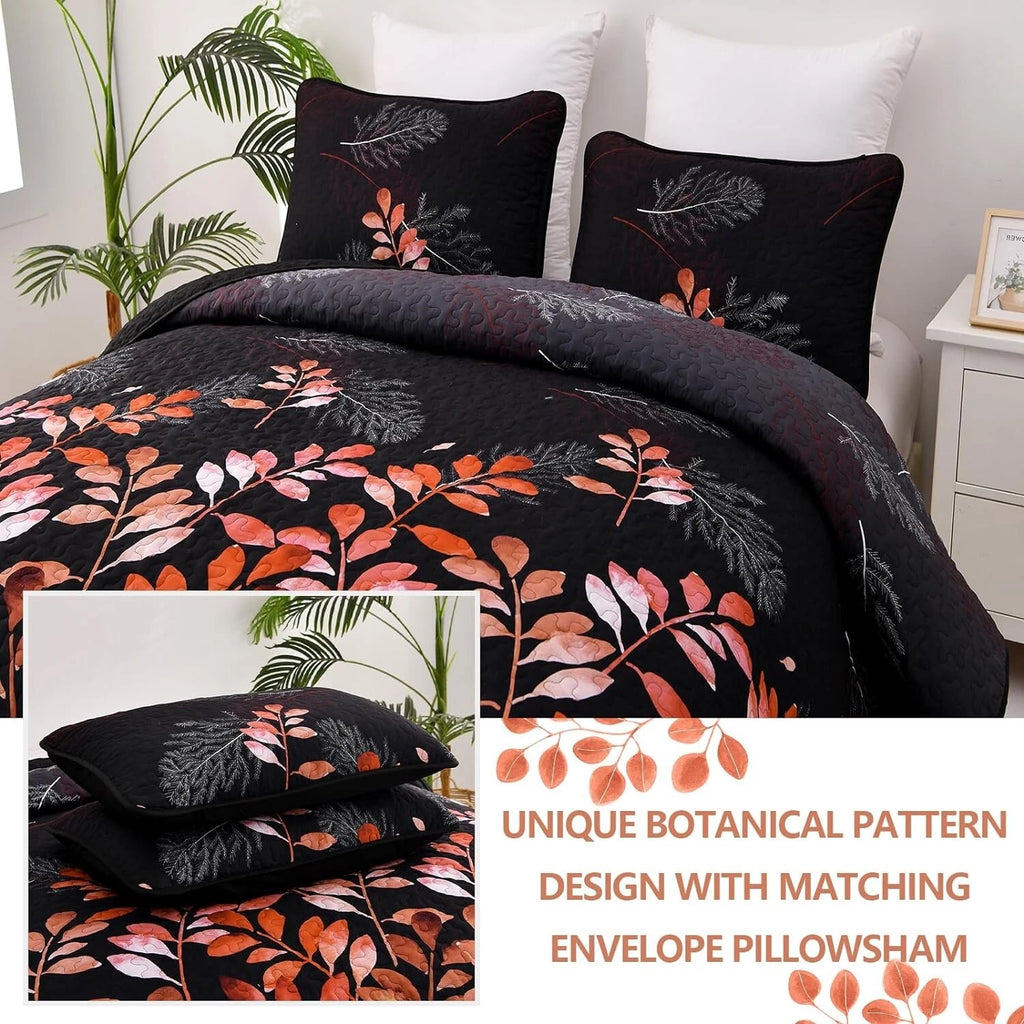 Black and Red Leaves Quilted Bedspread & Pillowcase Set