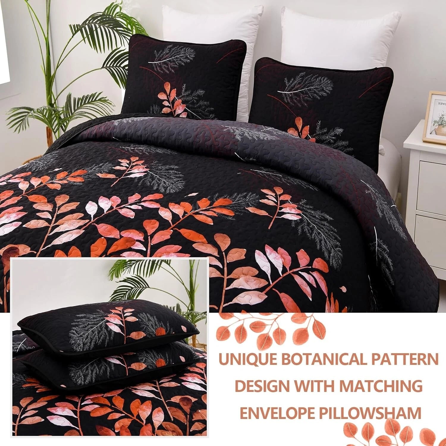 Black and Red Leaves Quilted Bedspread & Pillowcase Set