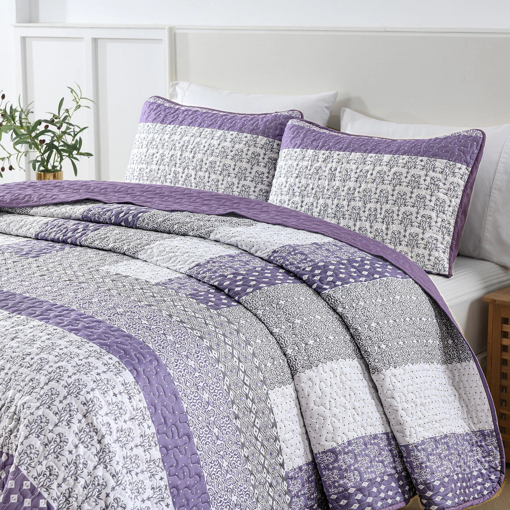 Bohemian Purple and White Quilted Bedspread or Coverlet Set and matching pillowcases