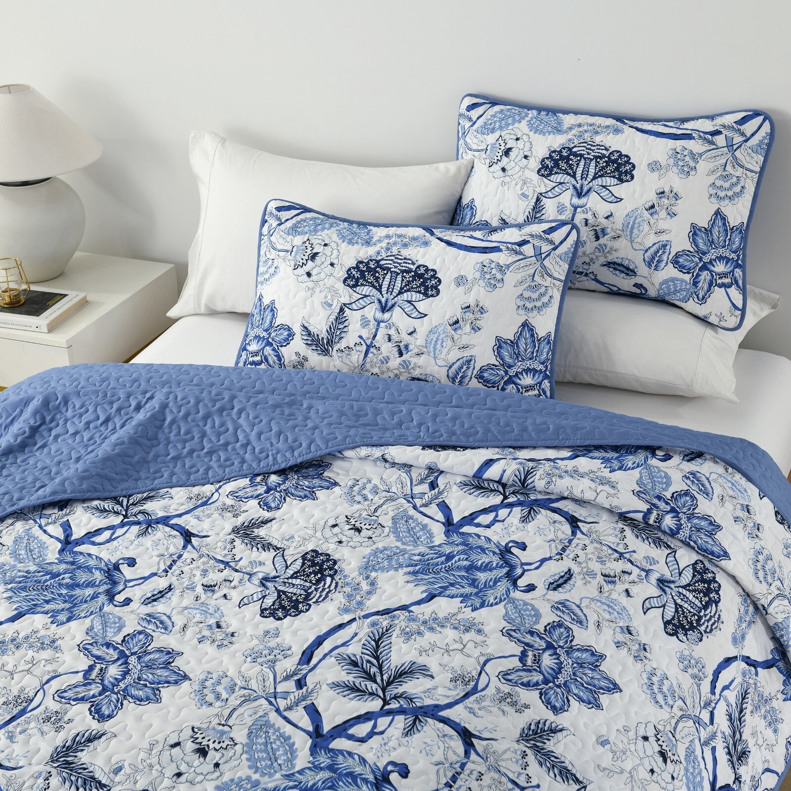 Blossoming Peony Garden blue white 3 Pc Bedspread & Pillow Cover Set