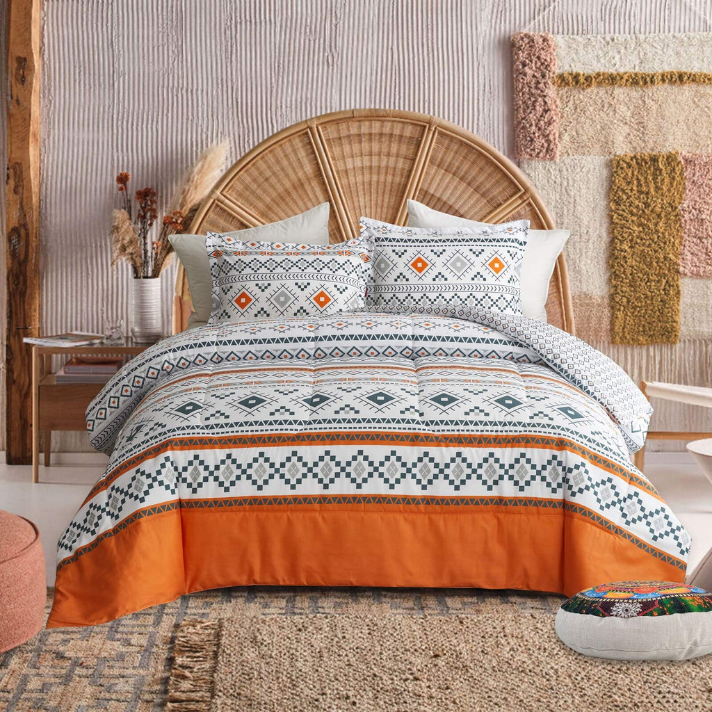 Boho Comforter Set, Reversible Orange Geometric 3-Piece Bedding Collection
