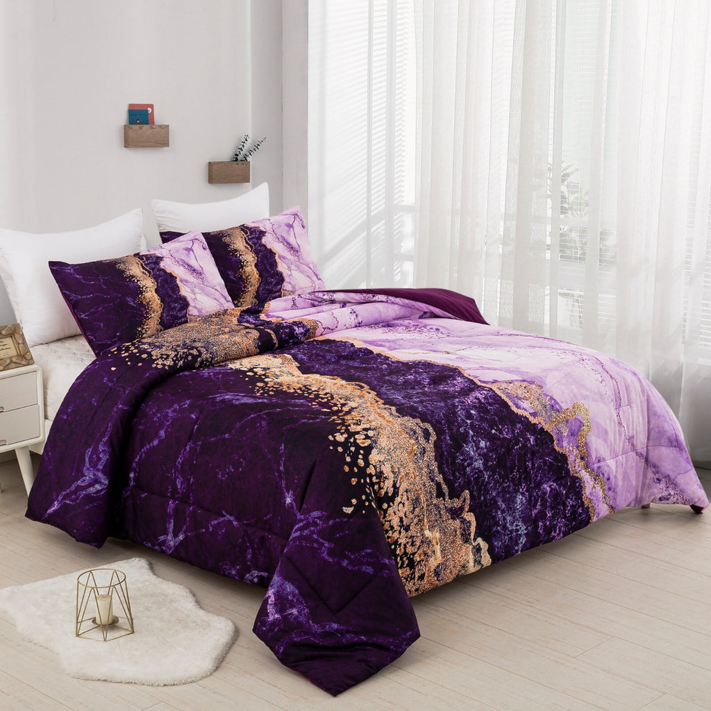 Purple Marble Comforter Set, /, Retro Watercolor 3-Piece Bedding Collection