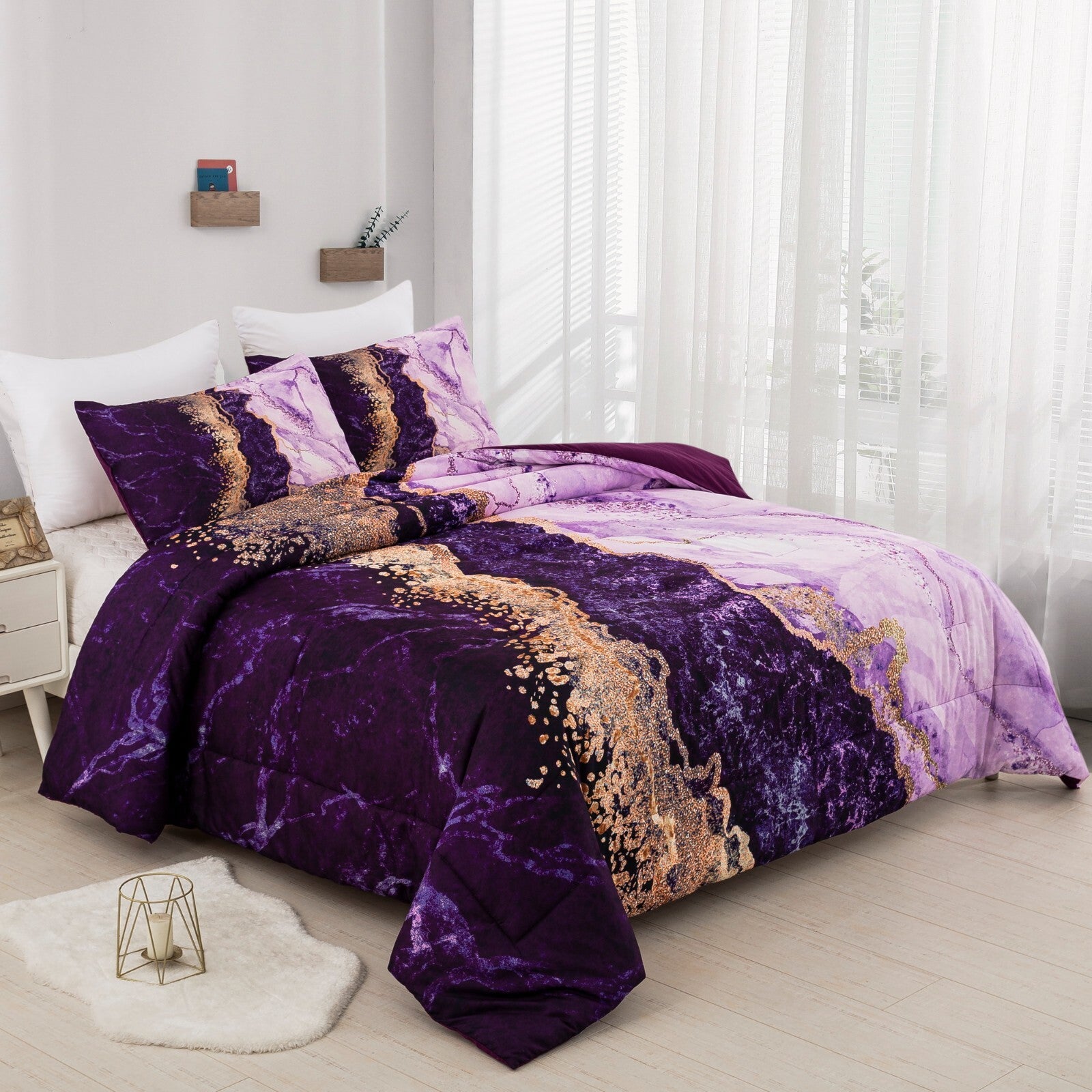 Purple Marble Comforter Set, /, Retro Watercolor 3-Piece Bedding Collection