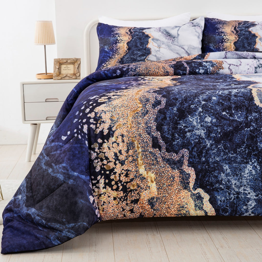 Blue Marble Comforter Set, Retro Watercolor 3-Piece Bedding Ensemble