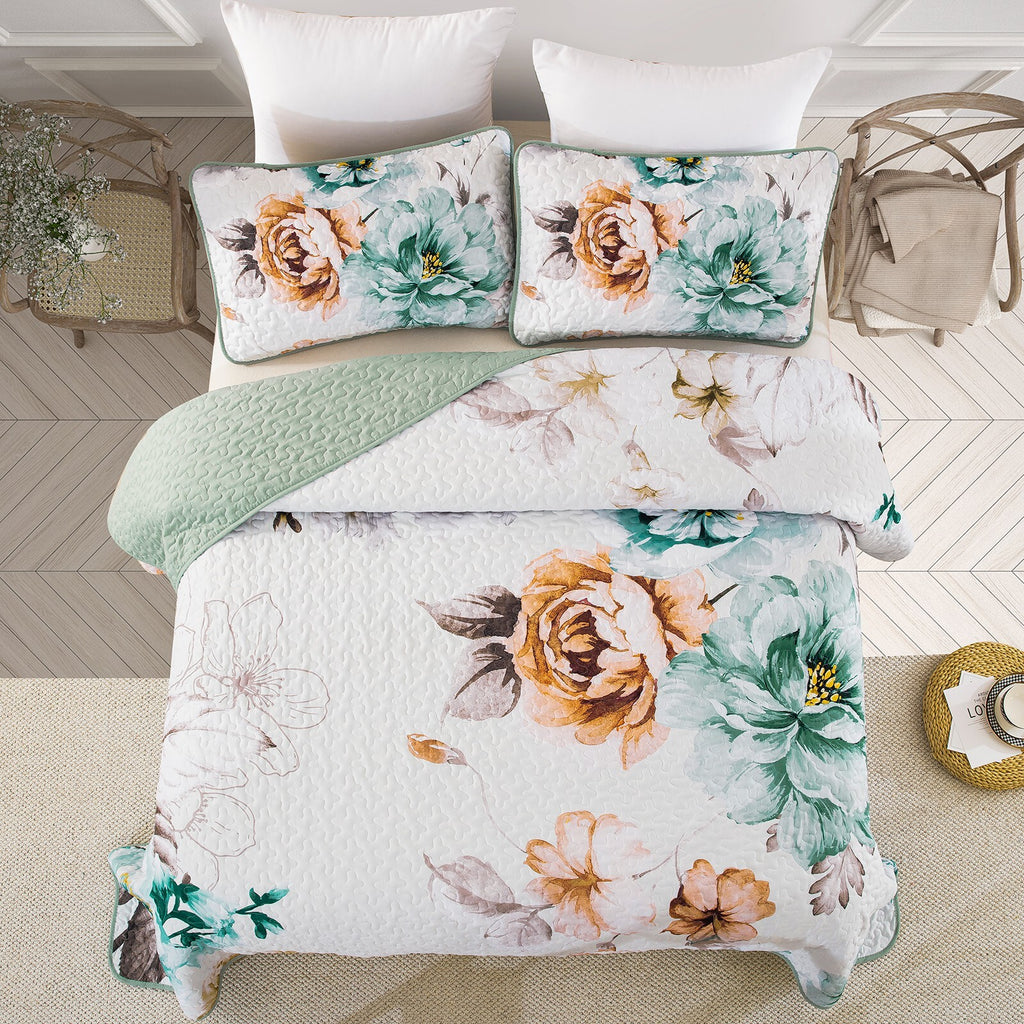 Rustic Farmhouse Chic floral Cozy 3 Pc Bedspread & Pillow Cover Set