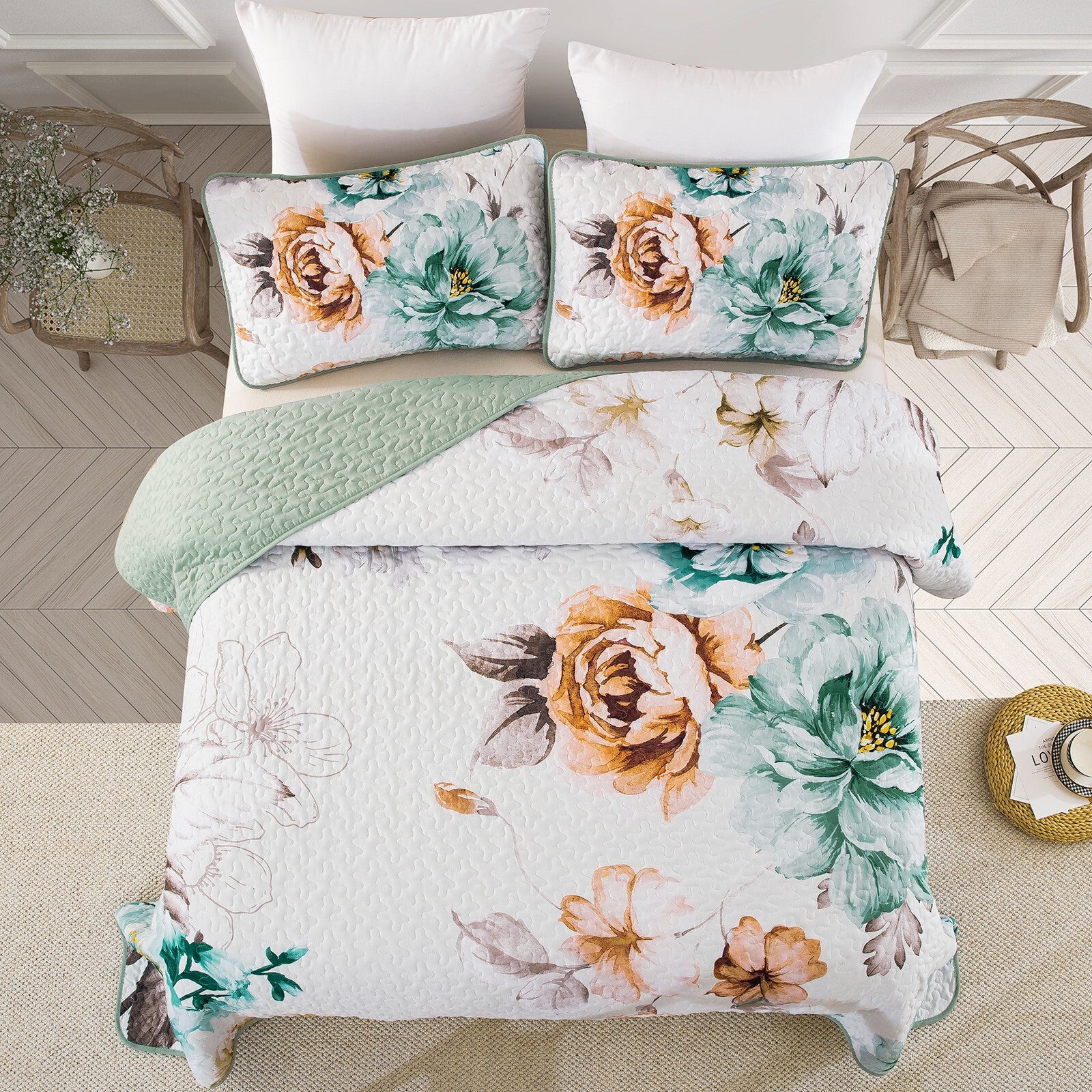 Rustic Farmhouse Chic floral Cozy 3 Pc Bedspread & Pillow Cover Set