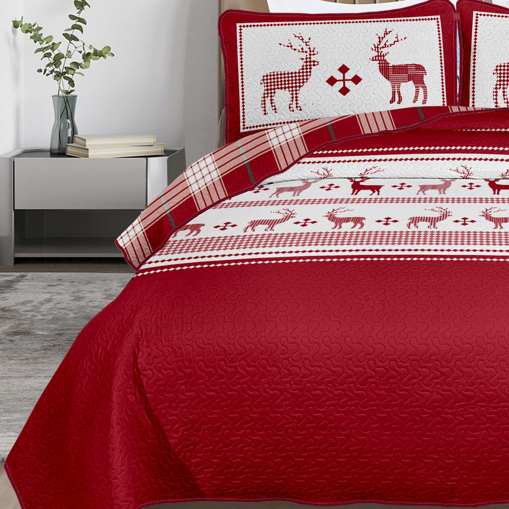 Joyful Red & white Reindeer Christmas Bedspread Set