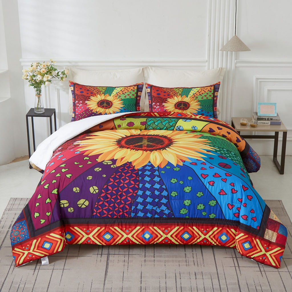 Floral Sunflower Comforter Set, Quilted Bedding with Pillowcases