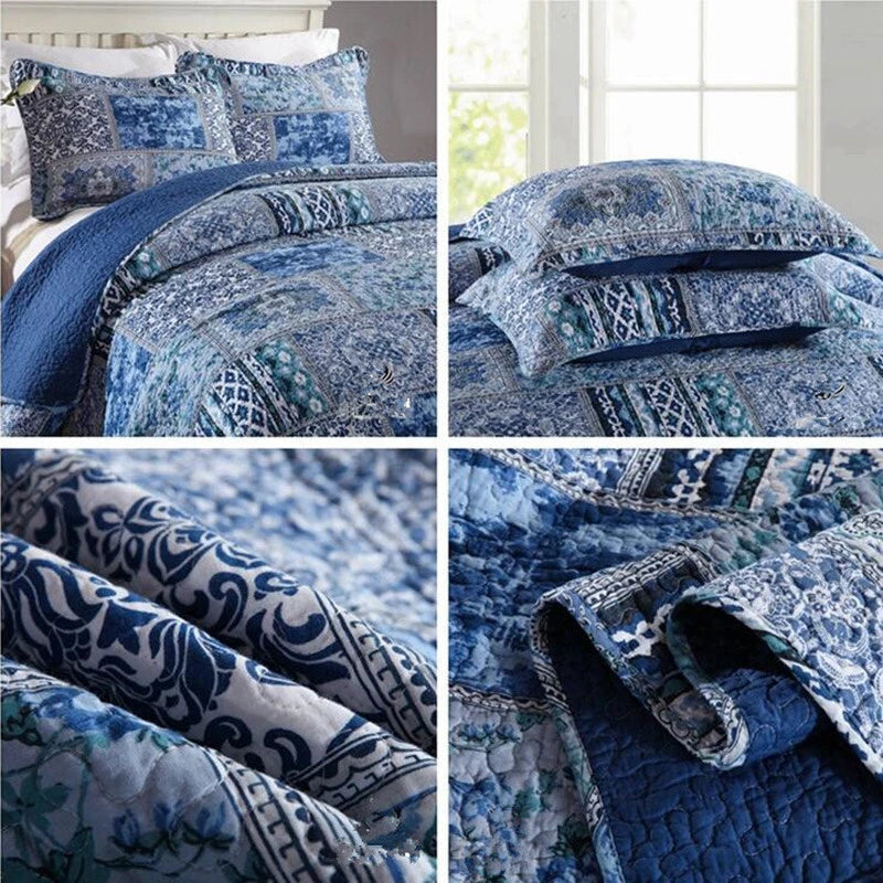 Boho Blue Quilted Coverlet & Pillow Set: Vibrant, Cozy Elegance -