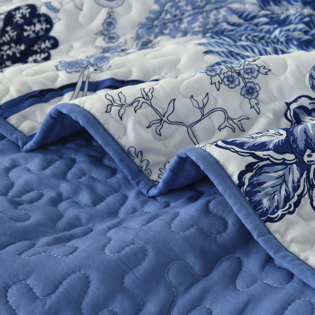 Blossoming Peony Garden blue white 3 Pc Bedspread & Pillow Cover Set
