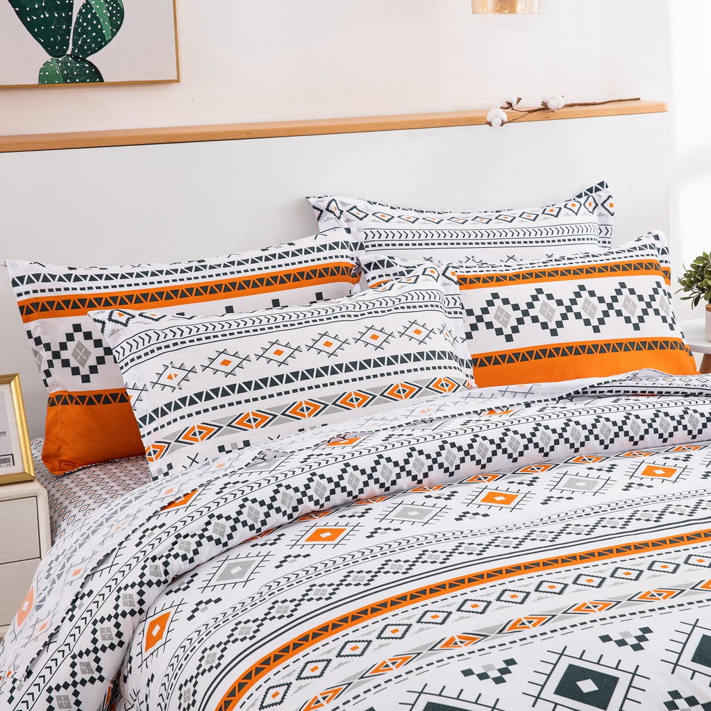 Boho Comforter Set, Reversible Orange Geometric 3-Piece Bedding Collection