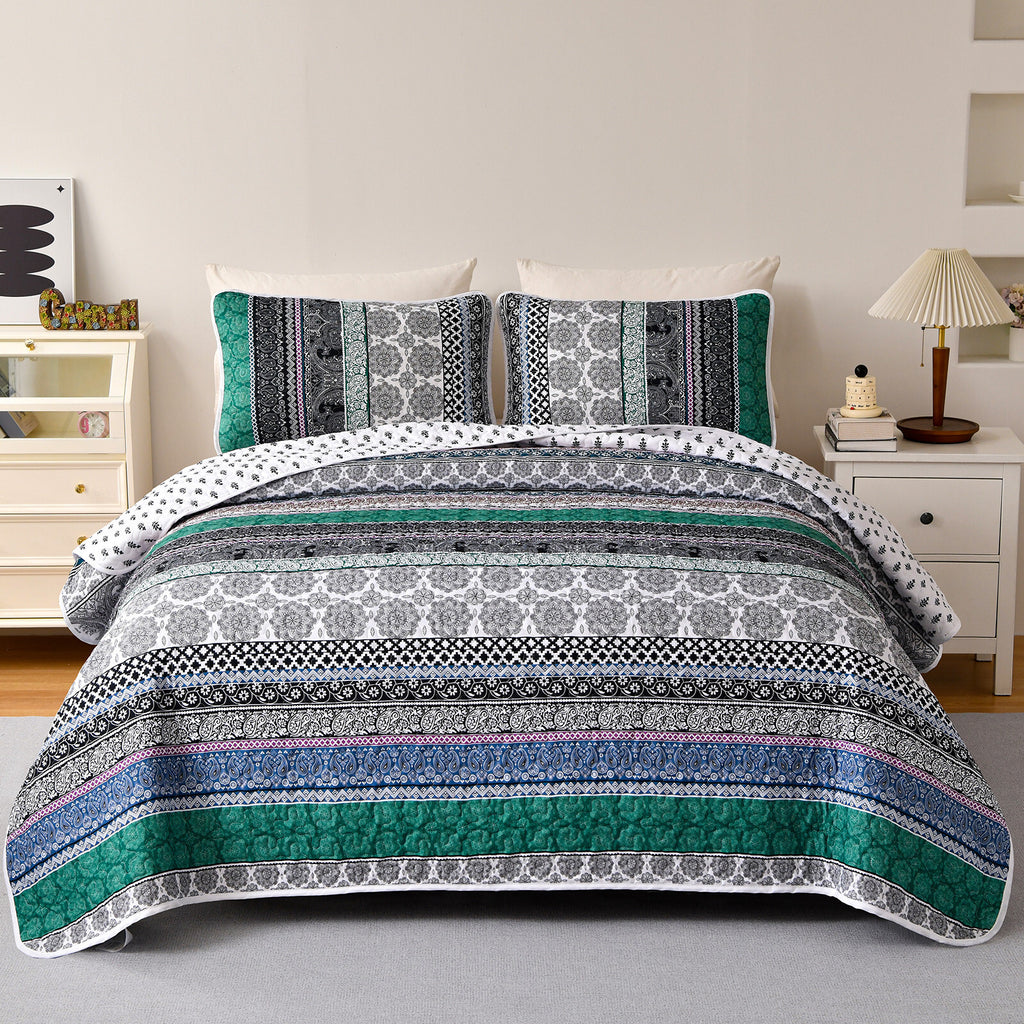 Romantic Blush green grey 3 Pc Bedspread & Pillow Cover Set