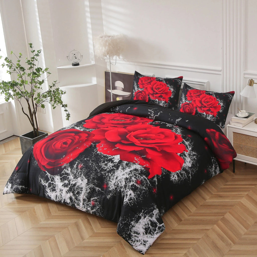 Chill Haven Red Rose 3-Piece Comforter Bundle - Relax & Recharge Style