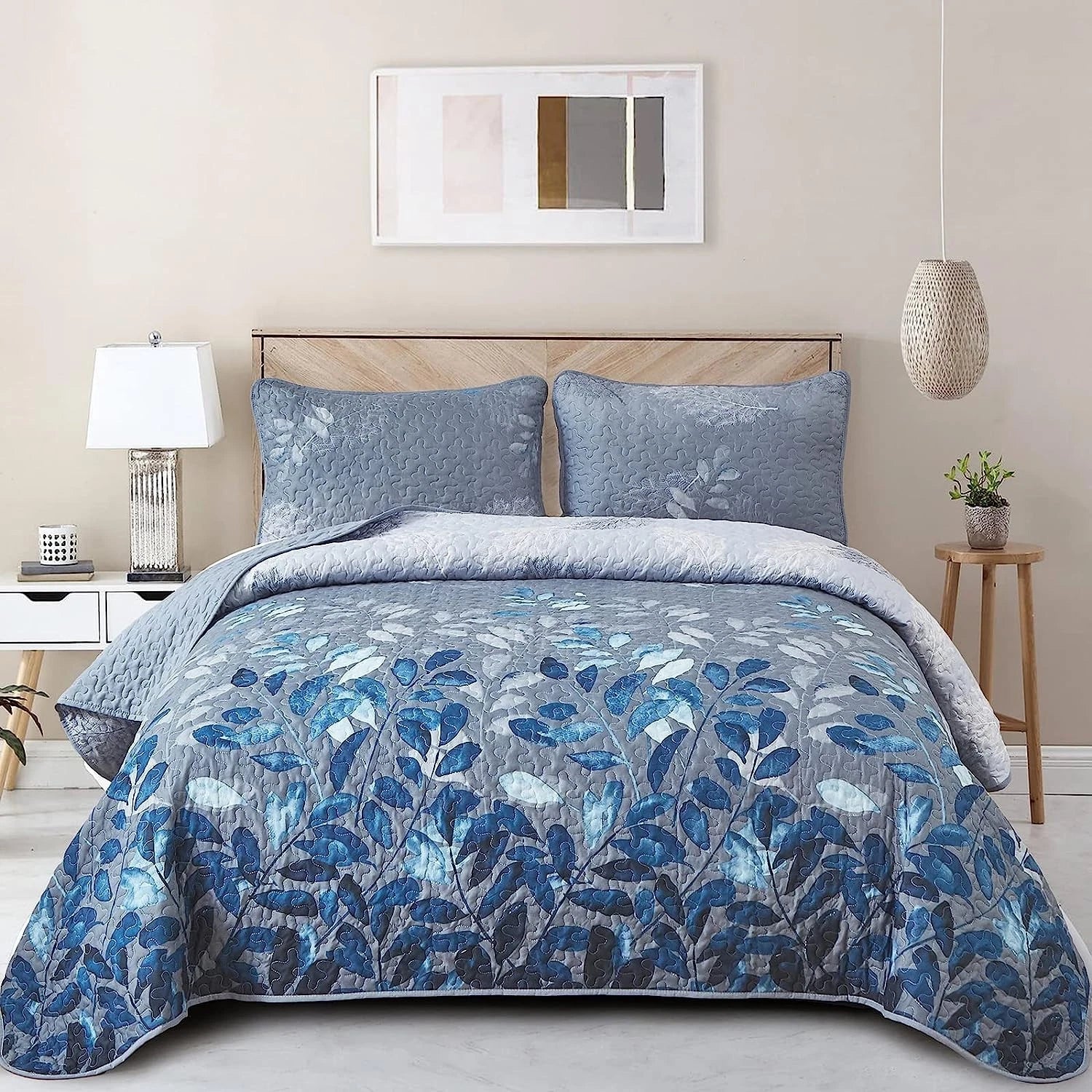 Blue Garden Coverlet Set with Quilted Floral Pattern and Pillowcases