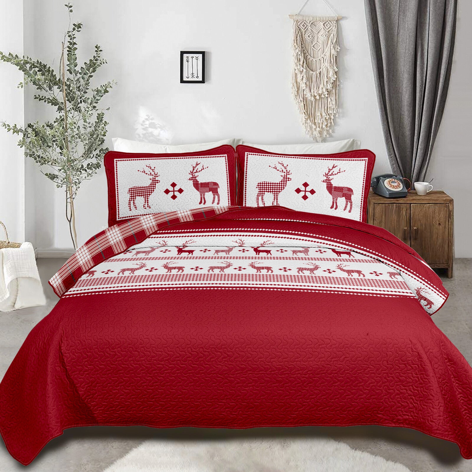 Joyful Red & white Reindeer Christmas Bedspread Set