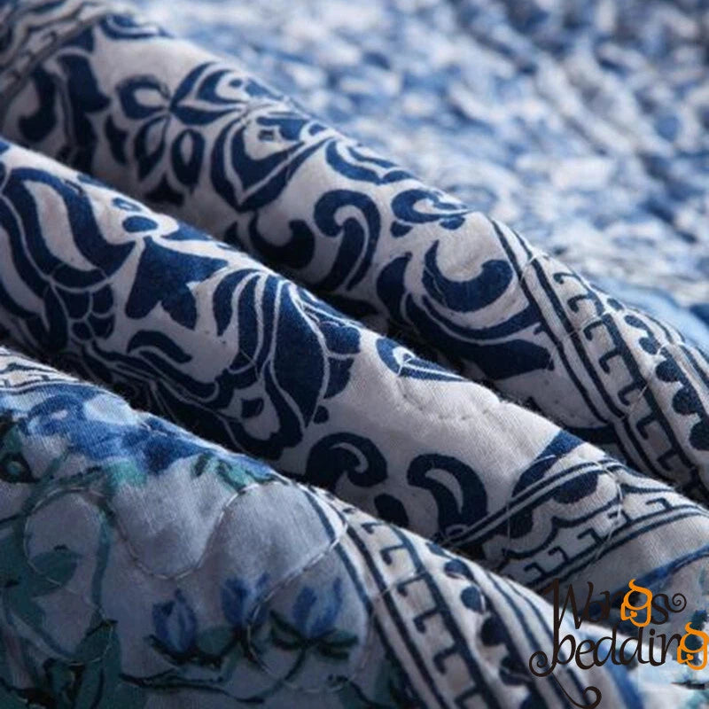 Boho Blue Quilted Coverlet & Pillow Set: Vibrant, Cozy Elegance -
