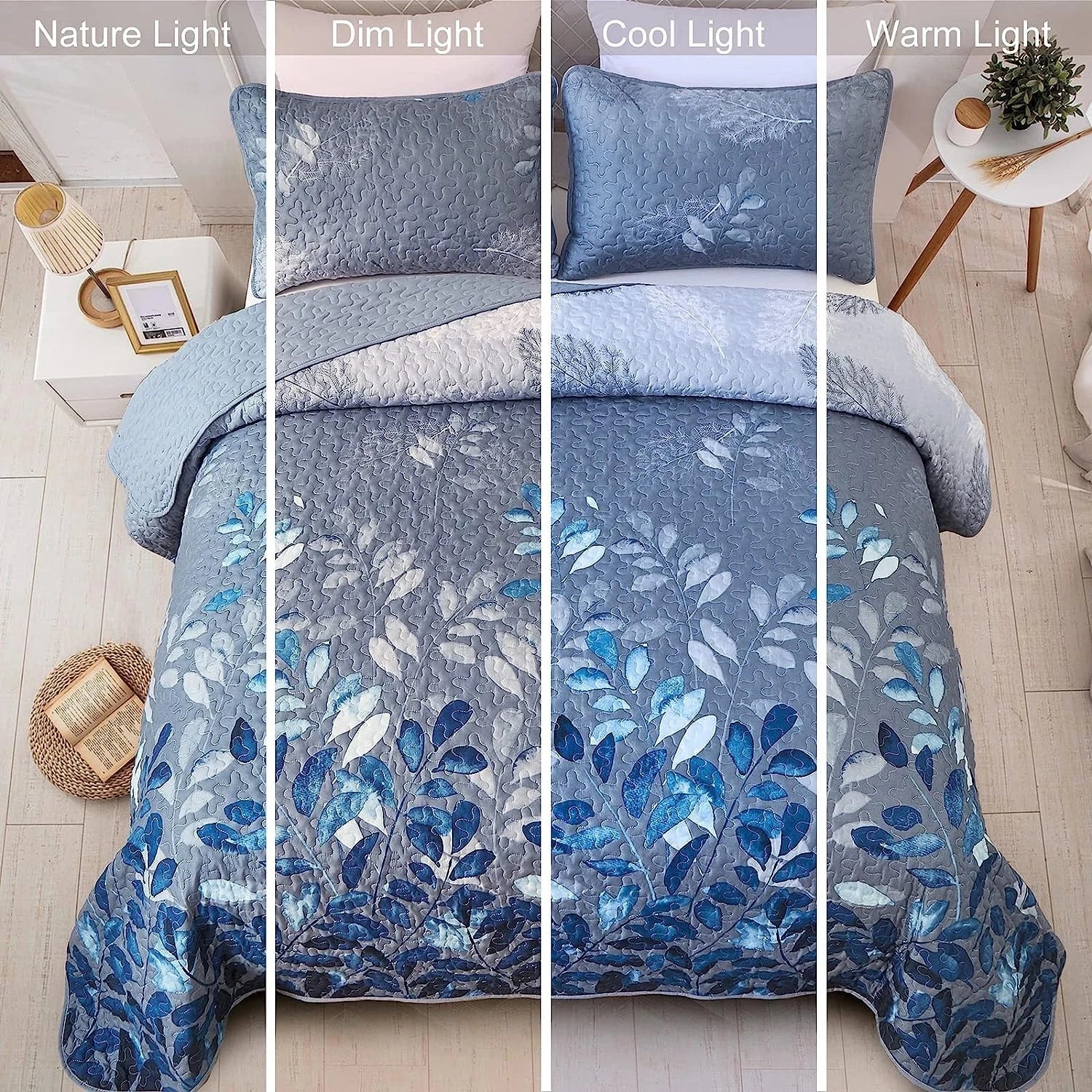 Blue Garden Coverlet Set with Quilted Floral Pattern and Pillowcases