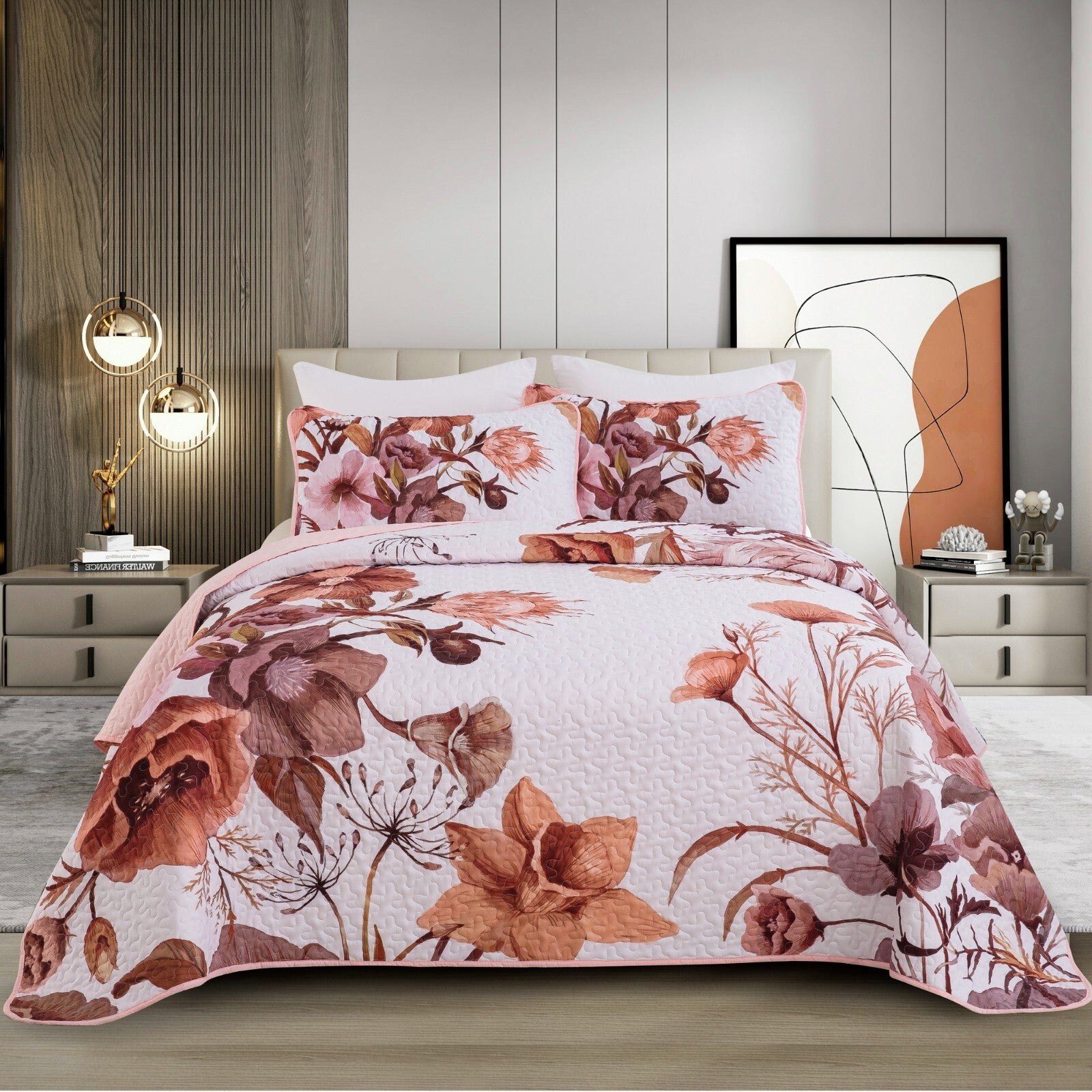 Serene Botanical Whisper romentic 3 Pc Bedspread & Pillow Cover Set