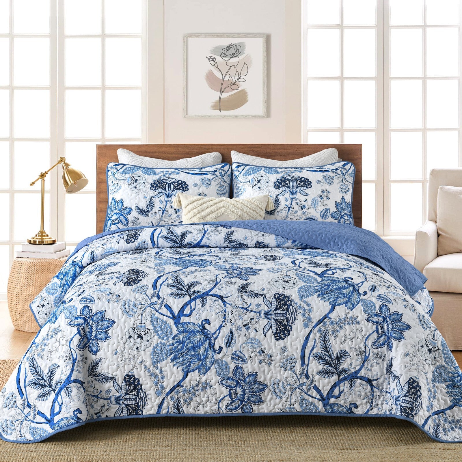Blossoming Peony Garden blue white 3 Pc Bedspread & Pillow Cover Set