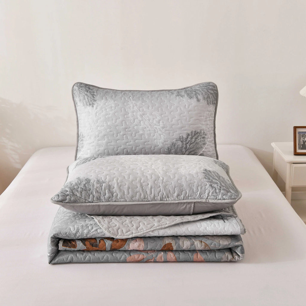 Brown Verdant Quilted Ensemble with Flower Motifs bedspread and Pillowcases