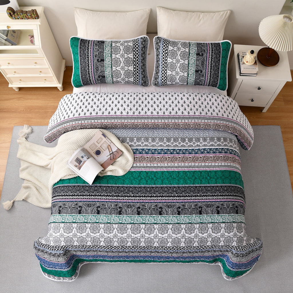 Romantic Blush green grey 3 Pc Bedspread & Pillow Cover Set