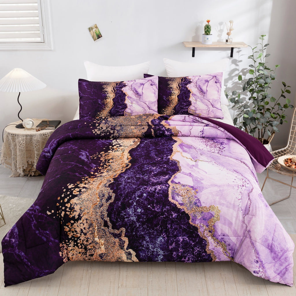 Purple Marble Comforter Set, /, Retro Watercolor 3-Piece Bedding Collection