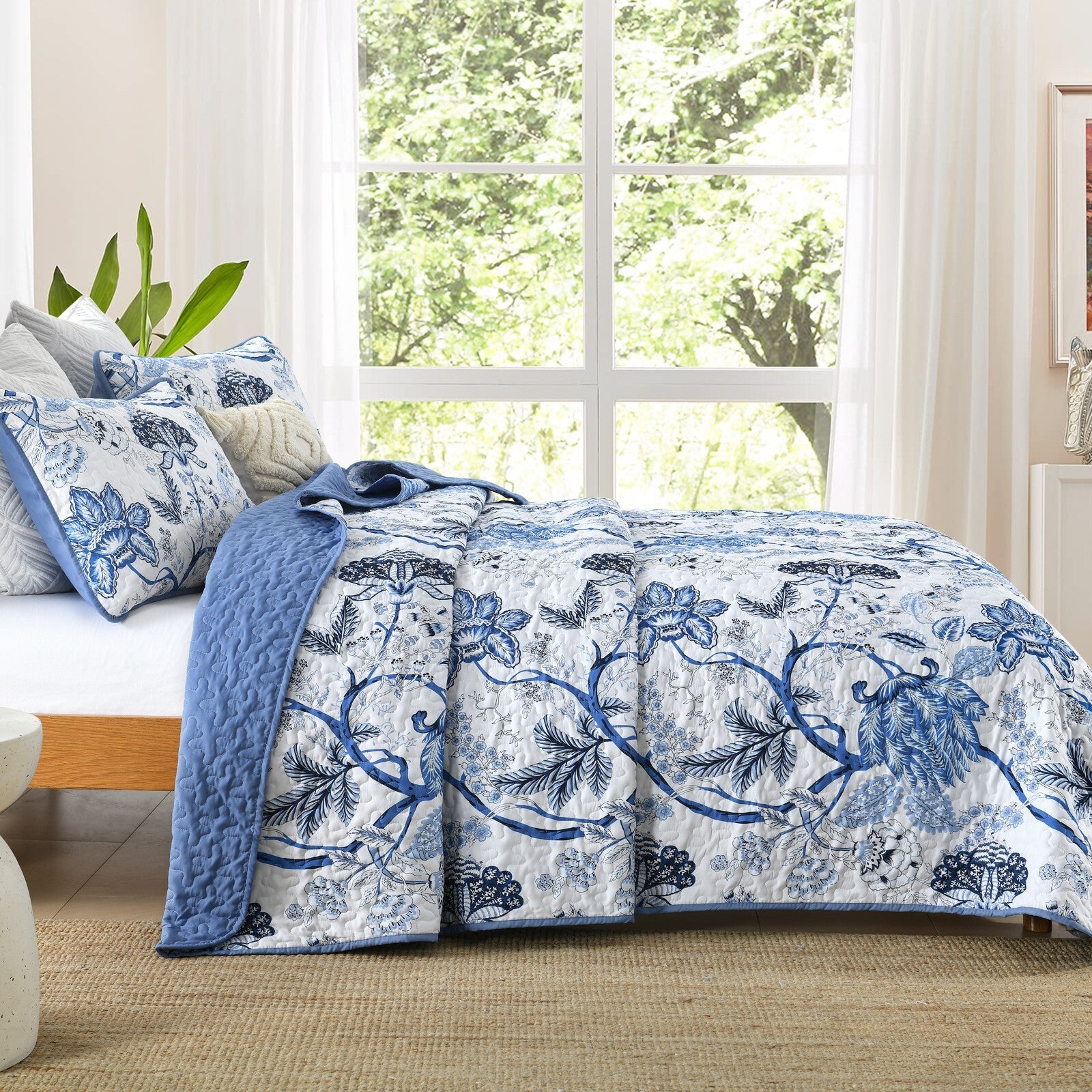Blossoming Peony Garden blue white 3 Pc Bedspread & Pillow Cover Set
