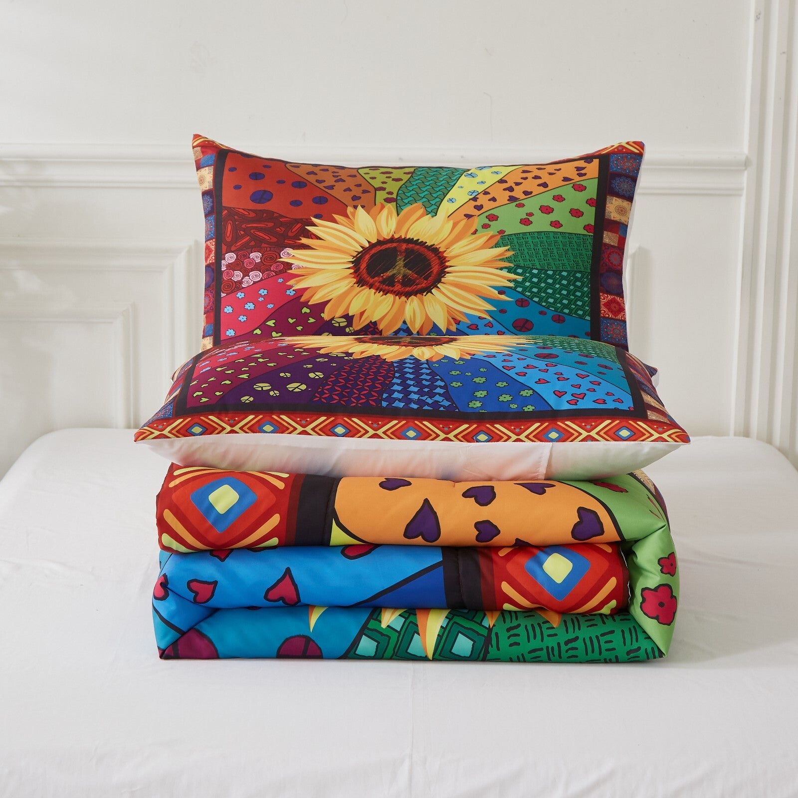 Floral Sunflower Comforter Set, Quilted Bedding with Pillowcases