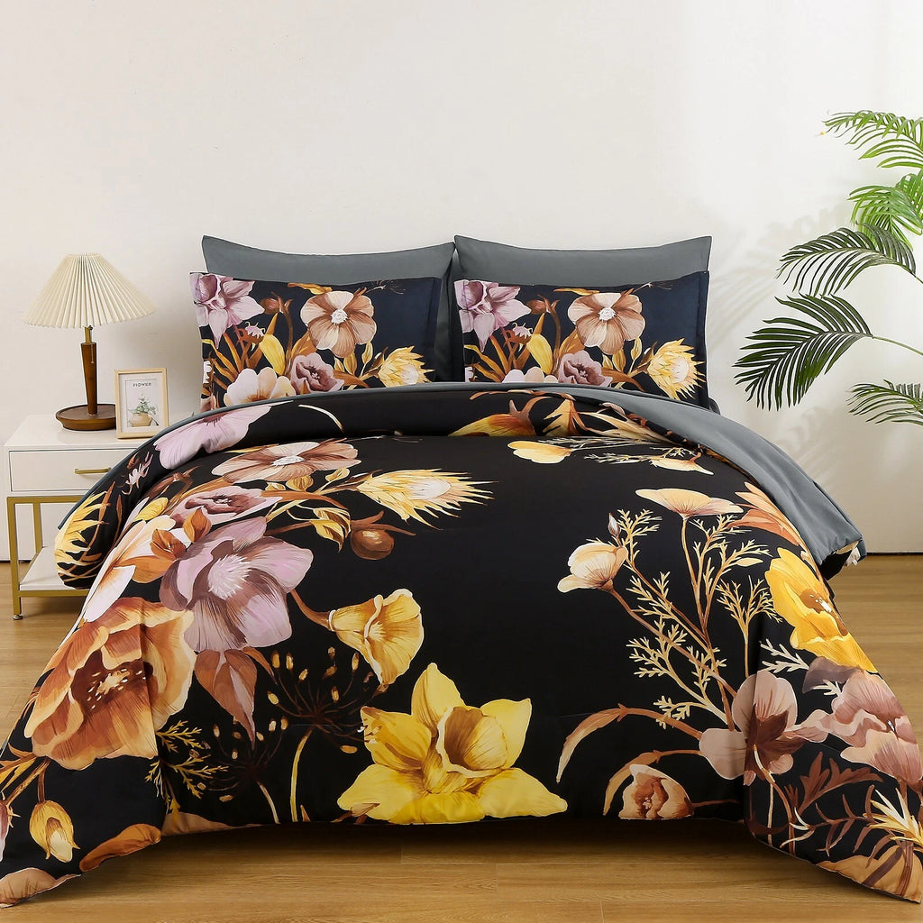 Soft Floral Leaf Comforter Set, Quilted Bedding with Pillowcases