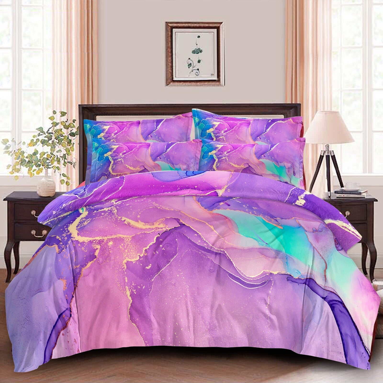 Marble Comforter Set, Warm Quilted Microfiber Bedding