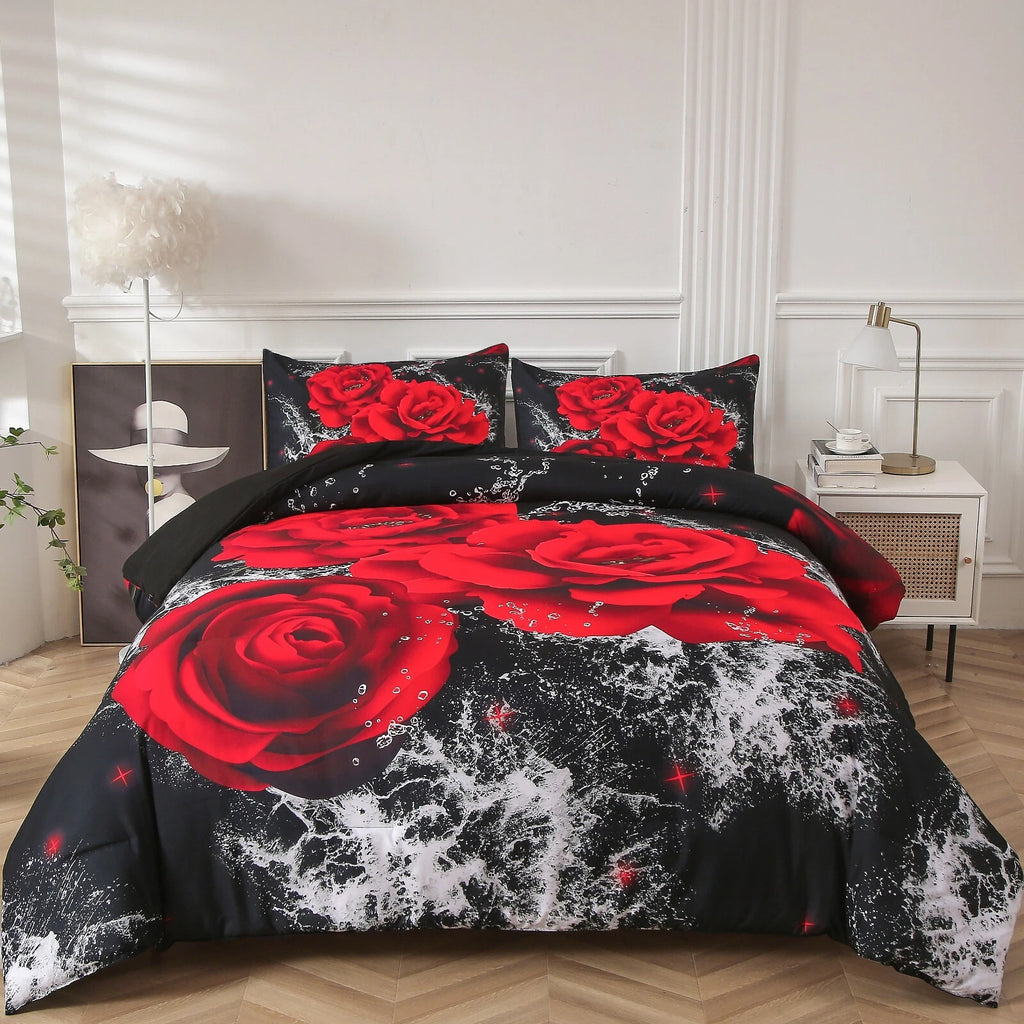 Chill Haven Red Rose 3-Piece Comforter Bundle - Relax & Recharge Style